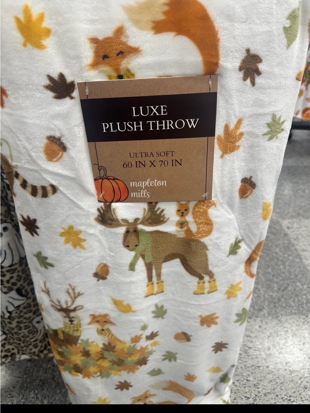 Luxe Plush Throw Blanket - White with Autumn Animal Print
